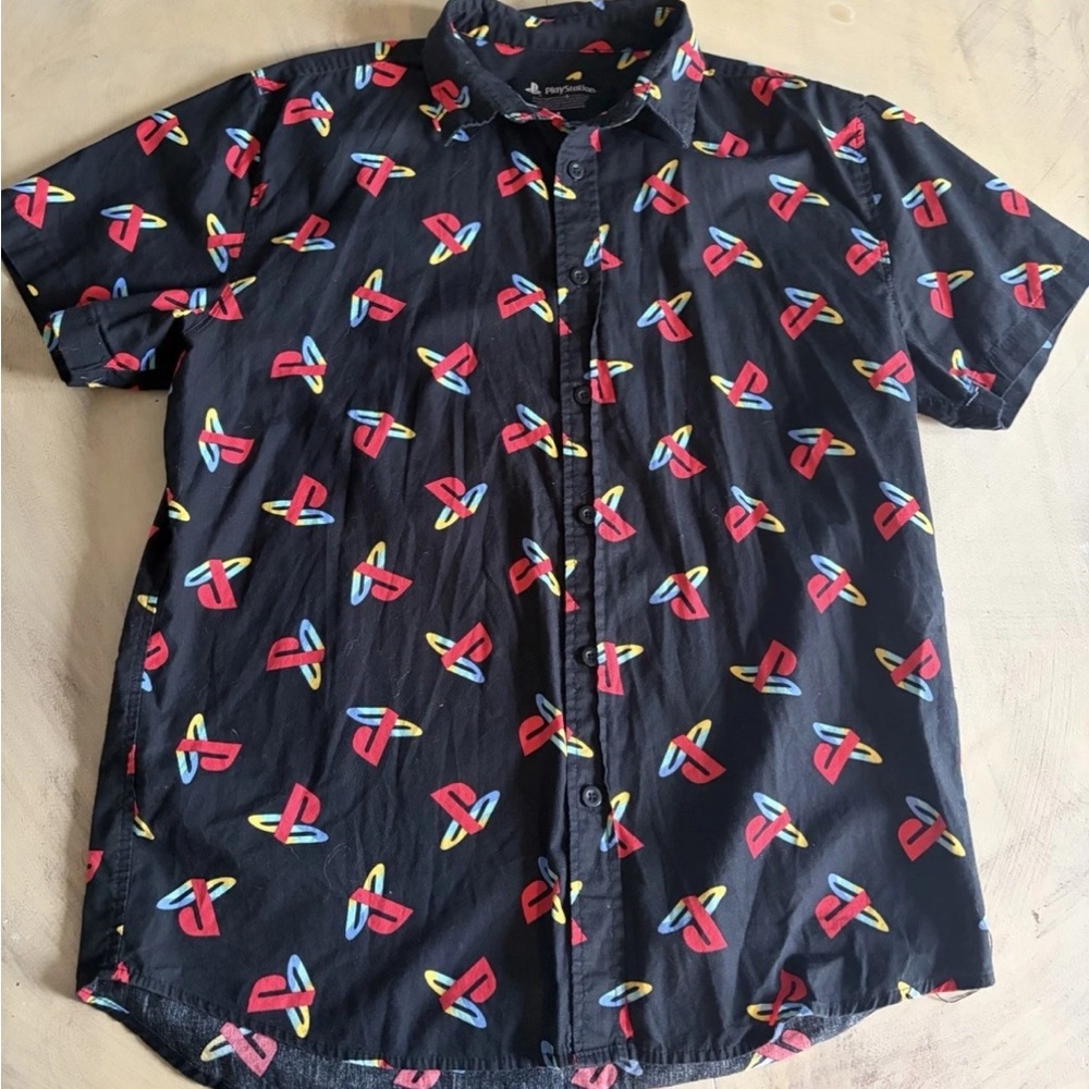 PlayStation Shirt Mens Black All Over Print Logo Gaming System Shirt Size Large